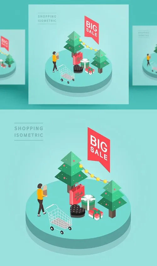 创意时尚彩色购物打折促销商场逛街2.5D场景卡通等距插图矢量设计素材91105