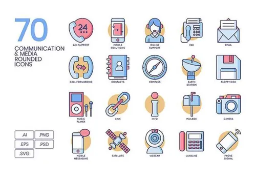 70个通讯社交媒体资讯新闻矢量扁平圆形图标集Communication Roun