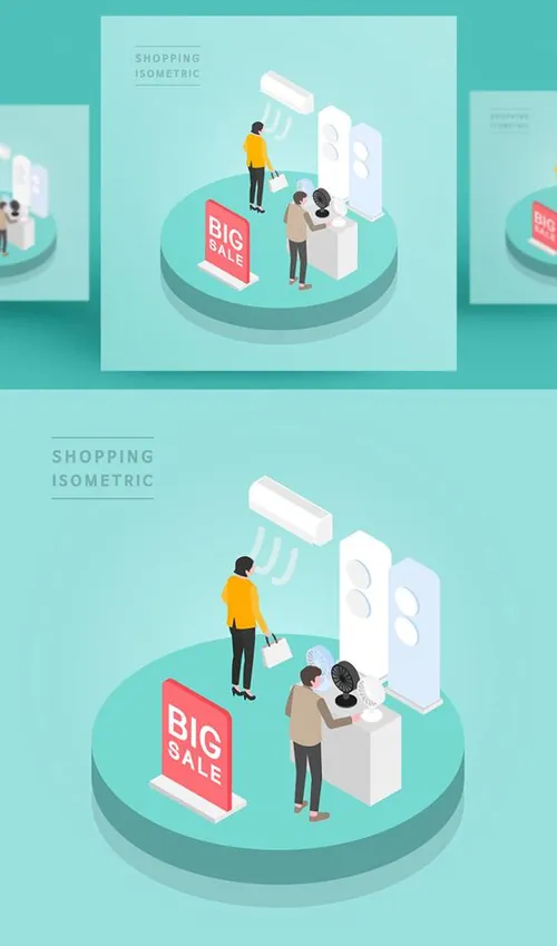 创意时尚彩色购物打折促销商场逛街2.5D场景卡通等距插图矢量设计素材91106