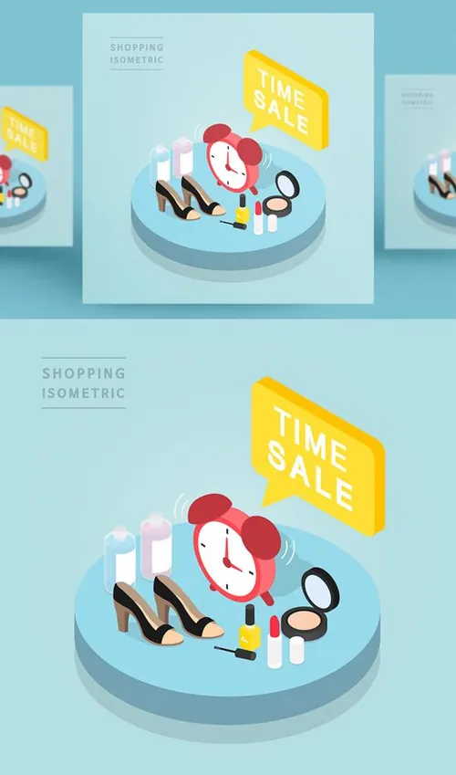 创意时尚彩色购物打折促销商场逛街2.5D场景卡通等距插图矢量设计素材91107