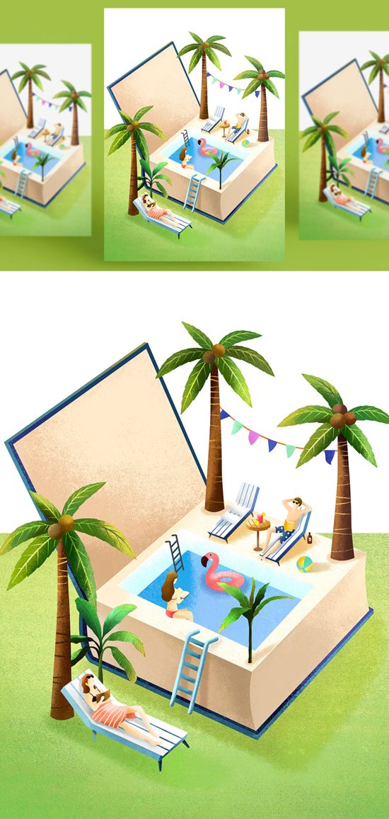 创意卡通手绘书籍阅读2.5D郊游玩耍场景插图背景PSD设计素材91210