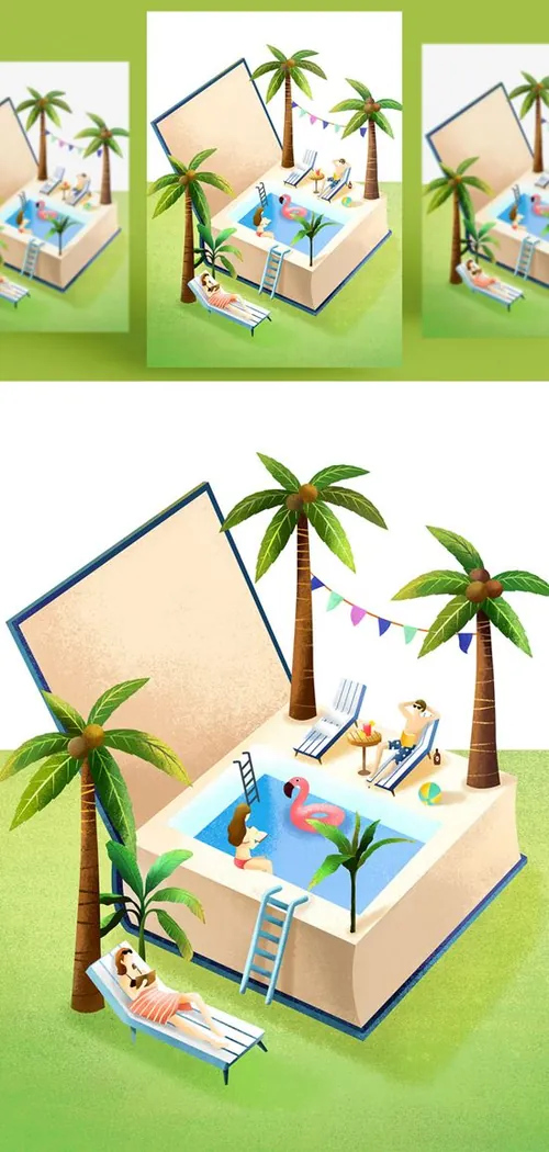 创意卡通手绘书籍阅读2.5D郊游玩耍场景插图背景PSD设计素材91210