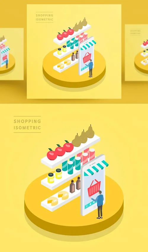 创意时尚彩色购物打折促销商场逛街2.5D场景卡通等距插图矢量设计素材91109