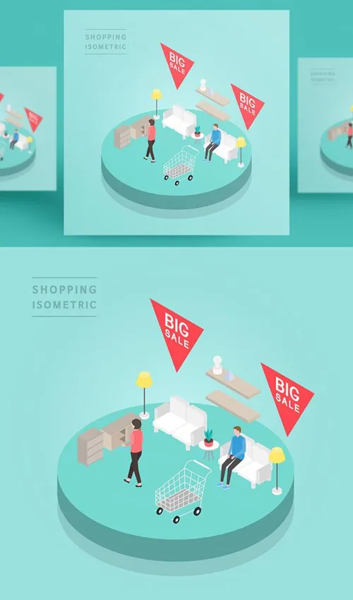 创意时尚彩色购物打折促销商场逛街2.5D场景卡通等距插图矢量设计素材91110