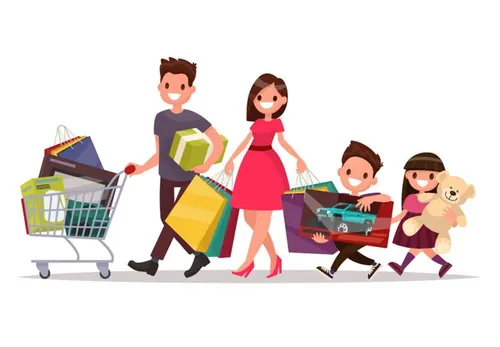 快乐家庭购物折扣采购商品平面矢量插图设计素材Happy family with shopping