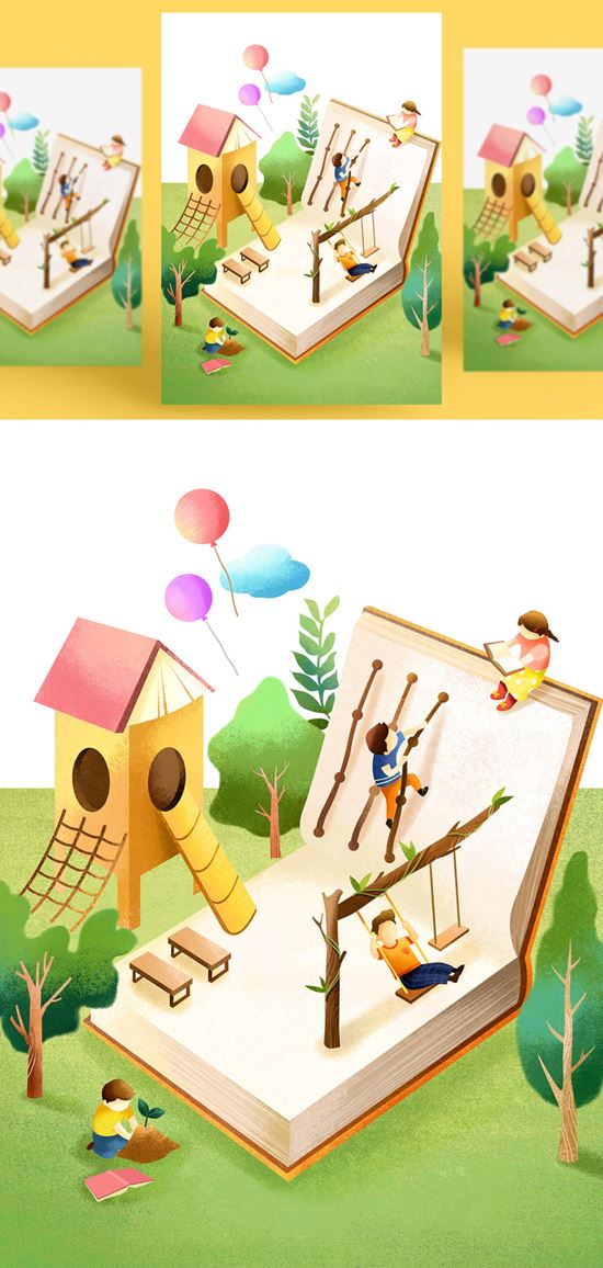 创意卡通手绘书籍阅读2.5D郊游玩耍场景插图背景PSD设计素材91211