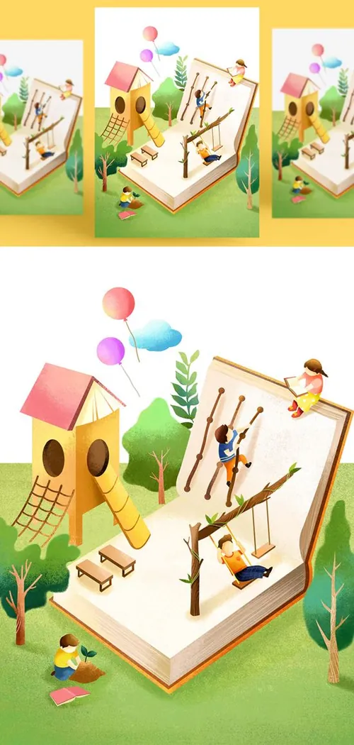 创意卡通手绘书籍阅读2.5D郊游玩耍场景插图背景PSD设计素材91211