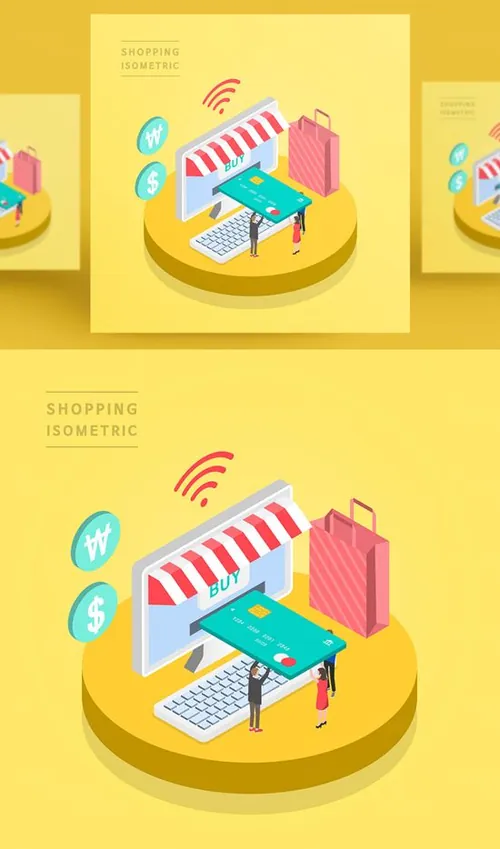 创意时尚彩色购物打折促销商场逛街2.5D场景卡通等距插图矢量设计素材91111