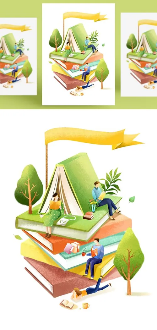 创意卡通手绘书籍阅读2.5D郊游玩耍场景插图背景PSD设计素材91212