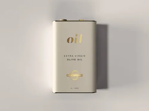 植物油橄榄油机油金色油罐包装部设计贴图展示样机模板 Oil Tin Can Mockup