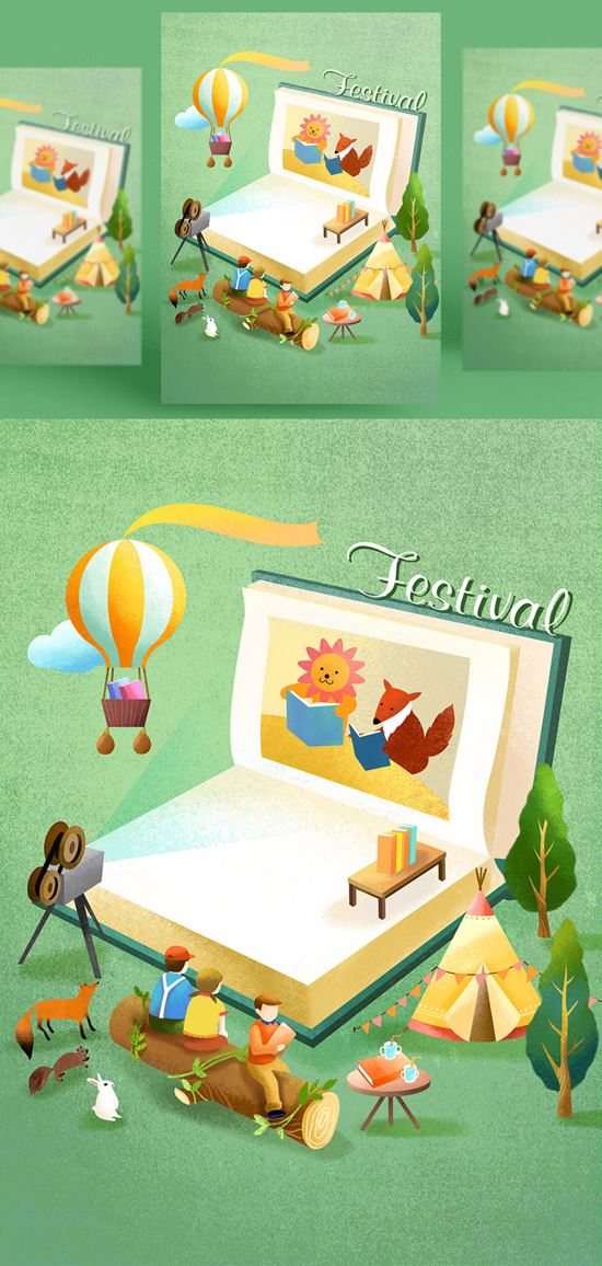 创意卡通手绘书籍阅读2.5D郊游玩耍场景插图背景PSD设计素材91213