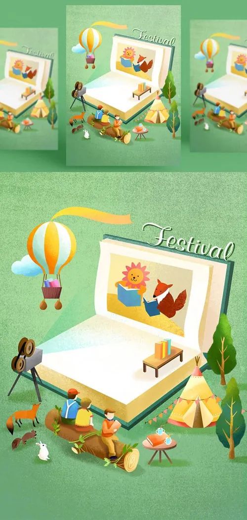 创意卡通手绘书籍阅读2.5D郊游玩耍场景插图背景PSD设计素材91213