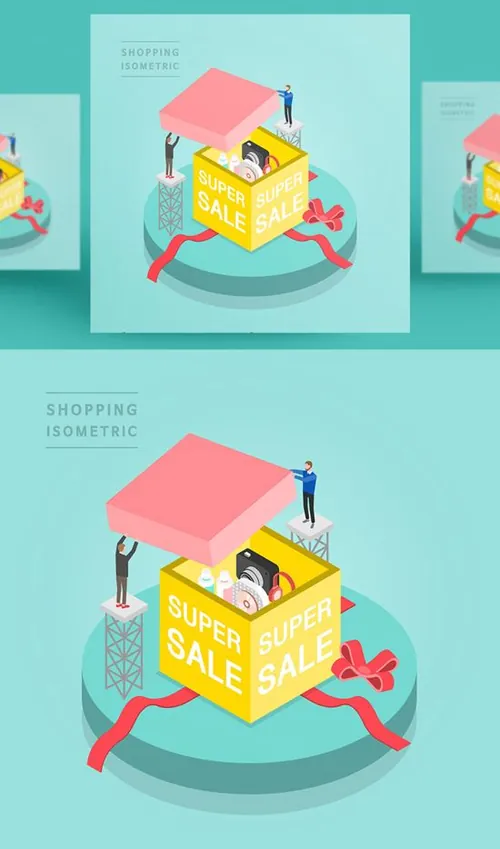 创意时尚彩色购物打折促销商场逛街2.5D场景卡通等距插图矢量设计素材91113