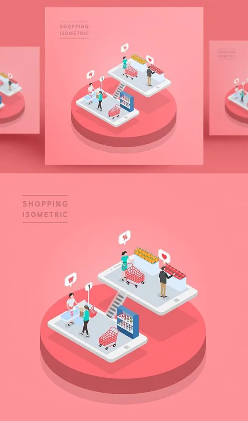 创意时尚彩色购物打折促销商场逛街2.5D场景卡通等距插图矢量设计素材91114