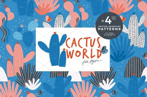 热带丛林可爱仙人掌矢量无缝纹理素材 Cactus world