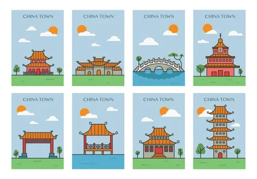 中国古代特色建筑矢量简笔画China Town Posters
