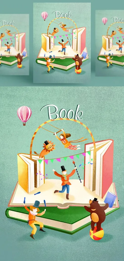 创意卡通手绘书籍阅读2.5D郊游玩耍场景插图背景PSD设计素材91215