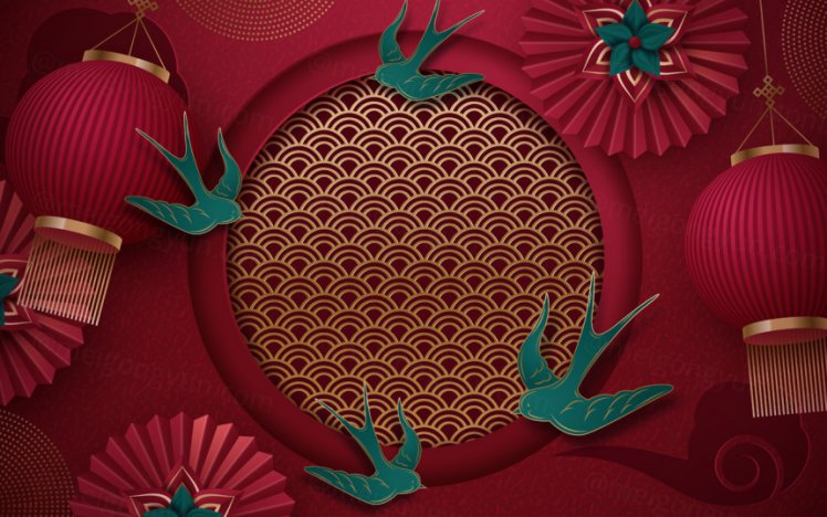 2021年中国剪纸风东方农历牛年新年灯笼装饰节日横幅海报玫红色背景矢量模板素材