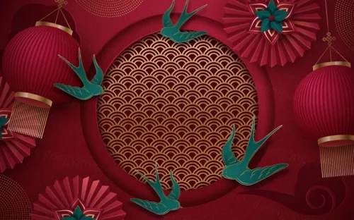 2021年中国剪纸风东方农历牛年新年灯笼装饰节日横幅海报玫红色背景矢量模板素材