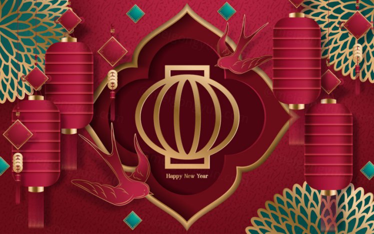 2021年中国剪纸风东方农历牛年新年灯笼装饰节日横幅海报玫红色背景矢量模板素材