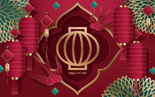 2021年中国剪纸风东方农历牛年新年灯笼装饰节日横幅海报玫红色背景矢量模板素材