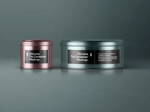 带有盖的psd锡容器套装的闪亮金属样机 Psd Tin Container Packaging Vol3