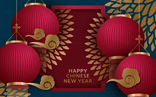 2021年中国剪纸风东方农历牛年新年灯笼装饰节日横幅海报玫红色背景矢量模板素材