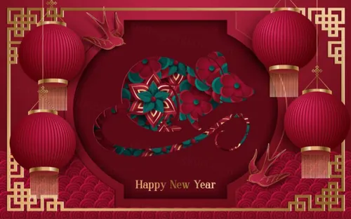 年中国剪纸风东方农历鼠年新年灯笼装饰节日横幅海报玫红色背景矢量模板素材