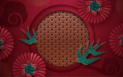 2021年中国剪纸风东方农历牛年新年灯笼装饰节日横幅海报玫红色背景矢量模板素材