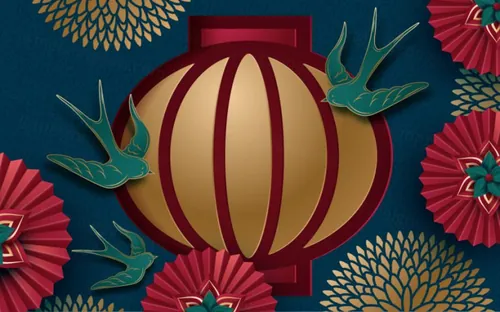 2021年中国剪纸风东方农历牛年新年灯笼装饰节日横幅海报深蓝色背景矢量模板素材