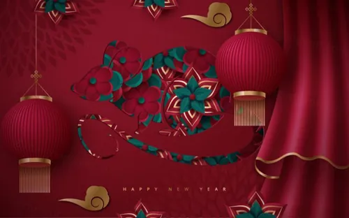 年中国剪纸风东方农历鼠年新年灯笼装饰节日横幅海报玫红色背景矢量模板素材