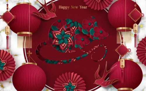 年中国剪纸风东方农历鼠年新年灯笼装饰节日横幅海报玫红色背景矢量模板素材