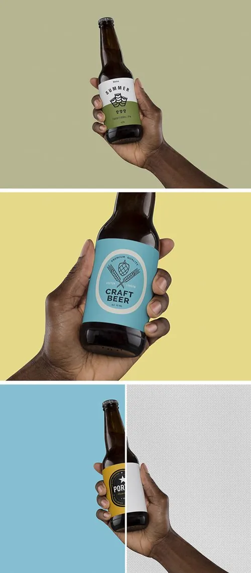 手持啤酒饮料包装贴图展示样机模版 Beer Bottle Mockup