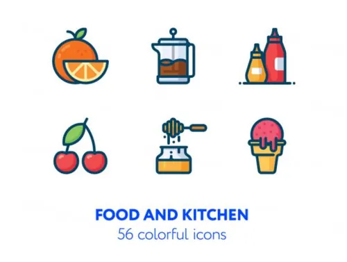 56个彩色食物厨房蔬菜水果填充轮廓矢量图标集Food  kitchen icon