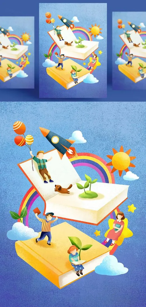 创意卡通手绘书籍阅读2.5D郊游玩耍场景插图背景PSD设计素材91216