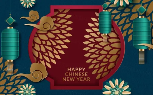 2021年中国剪纸风东方农历牛年新年灯笼装饰节日横幅海报深绿色背景矢量模板素材