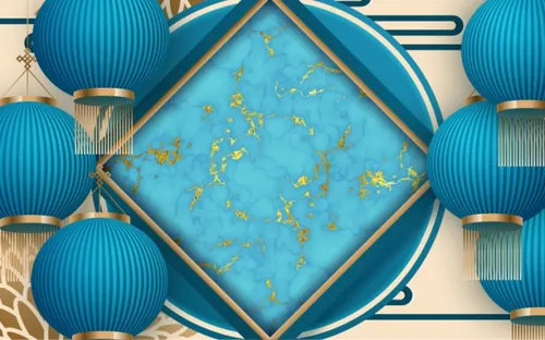 2021年中国剪纸风东方农历牛年新年灯笼装饰节日横幅海报蓝色系金色背景矢量模板素材