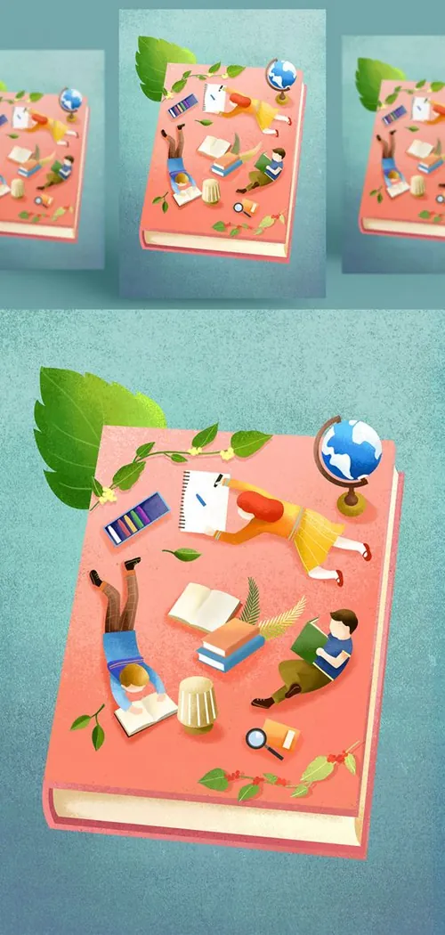 创意卡通手绘书籍阅读2.5D郊游玩耍场景插图背景PSD设计素材91217