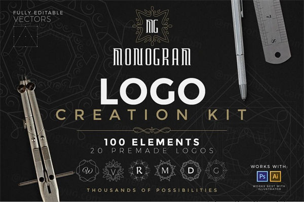 复古经典优雅的品牌字母LOGO徽标设计工具包 Logo Creation Kit - Monogram Edition