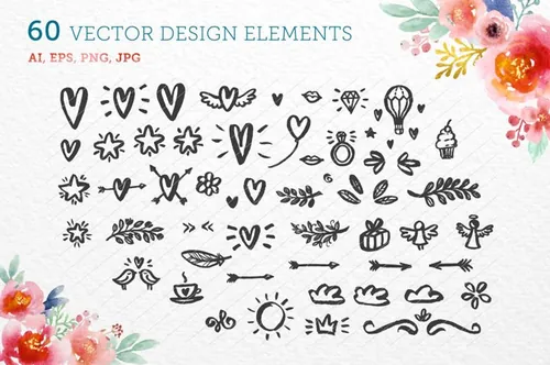花式情人节爱心星星等手绘矢量元素 60 vector design elements