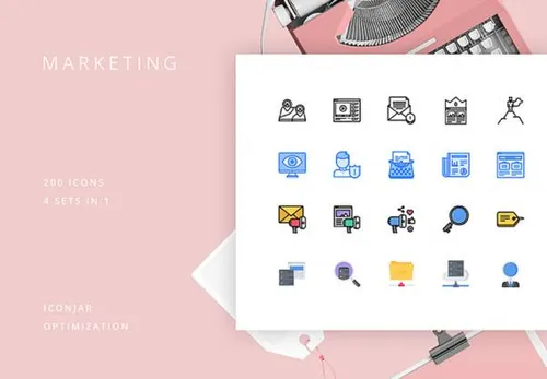 200个营销推广宣传电子商务购物矢量轮廓图标集Marketing