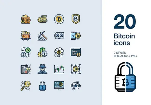 2种风格的20个金融比特币矢量图标集Bitcoin icons