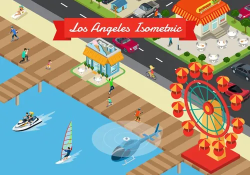 等距等轴洛杉矶海滨城市矢量景观Isometric Los Angeles Background Illustration