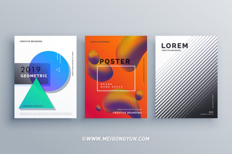 时尚创意宣传册矢量海报Three Stylish Business Brochure Design Template Cover D...