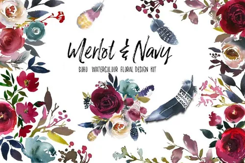梅洛红 海军蓝水彩花卉 Merlot   Navy Boho