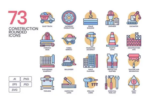 73个建筑工程规划施工防护装备机械运输矢量扁平圆形图标集Construction