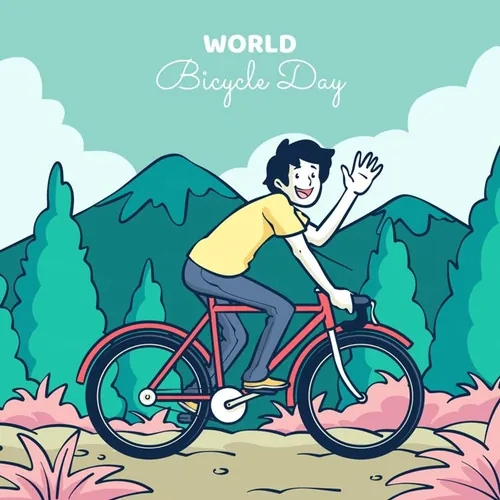手绘世界自行车日春天外出踏青骑行人物风景插画EPS矢量设计素