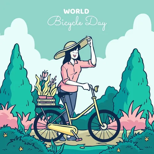 手绘世界自行车日春天外出踏青骑行人物风景插画EPS矢量设计素