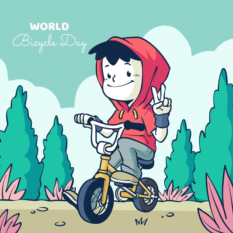 手绘世界自行车日春天外出踏青骑行人物风景插画EPS矢量设计素