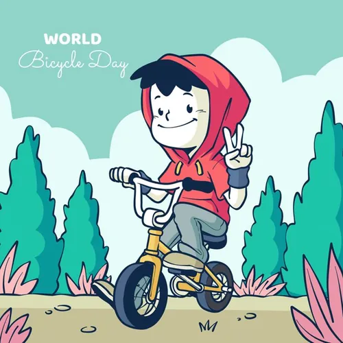 手绘世界自行车日春天外出踏青骑行人物风景插画EPS矢量设计素